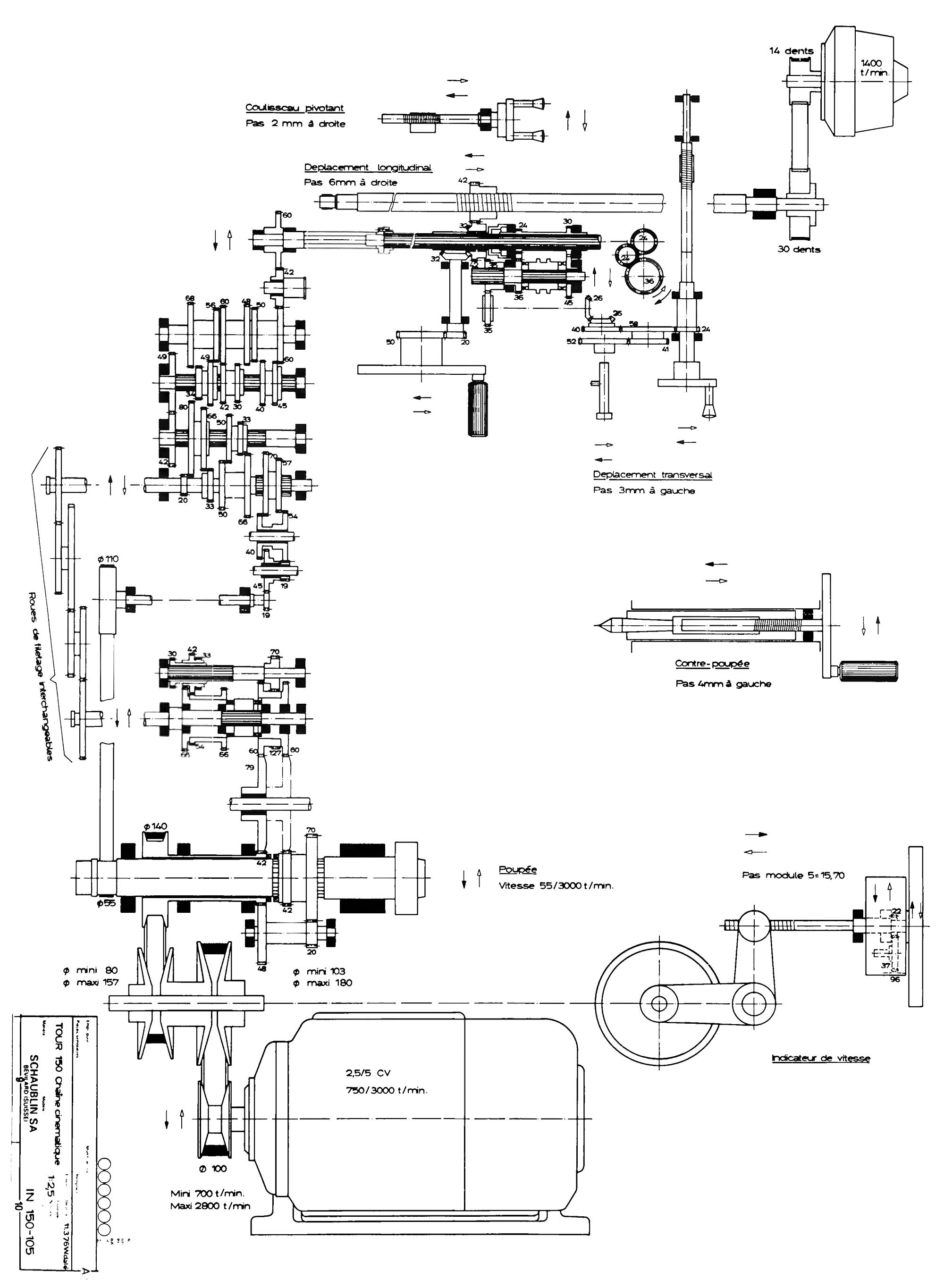 Схема кінематична токарно-гвинторізного верстата Schaublin 150